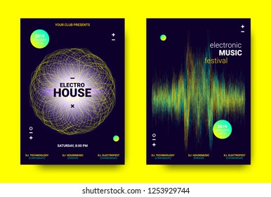 Electronic Sound Poster. Techno Music Festival Promotion. Vector Wave Amplitude Design. Wave Poster Concept with Movement. Equalizer of Distorted Lines. Abstract Sound Poster for Dj Performance.