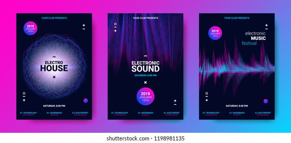 Electronic Sound Poster with Wave Amplitude. Music Flyer Concept with Distorted Rounds and Dotted Lines. Vector Equalizer Design for Banner. Abstract Covers for Dance Event. Festival of Electro Sound.