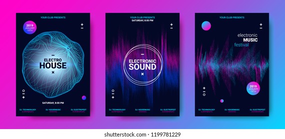 Electronic Sound Poster with Wave Amplitude. Music Flyer Concept with Distorted Rounds and Dotted Lines. Vector Equalizer Design for Banner. Abstract Covers for Dance Event. Festival of Electro Sound.