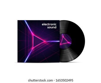 Electronic Sound Vinyl Disk Record Mockup Isolated On White Background Vector Illustration For Flyer Or Poster Or Playlist Cover. Electronic Music Concept Illustration.