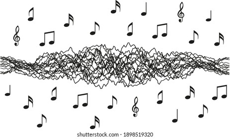 An electronic soundtrack surrounded by musical notes and a treble clef. Black check vector illustration isolated on white background.