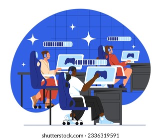 Electronic sport team concept. Men and women in headphones sit at computers and monitors. Cyber tournament and competition, cybersport. People play in games. Cartoon flat vector illustration