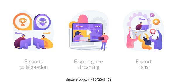 Electronic sports organization, internet team play, online competition. E-sports collaboration, e-sport game streaming, e-sport fans metaphors. Vector isolated concept metaphor illustrations.