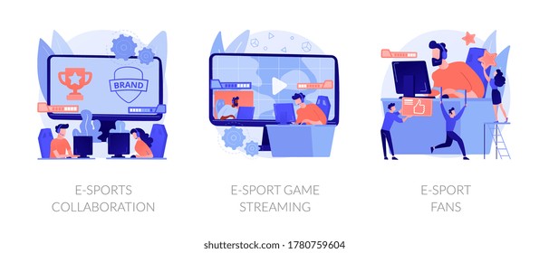 Electronic sports organization, internet team play, online competition. E-sports collaboration, e-sport game streaming, e-sport fans metaphors. Vector isolated concept metaphor illustrations.