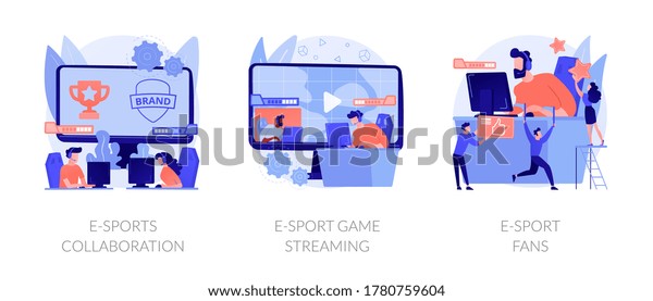 Electronic sports organization, internet\
team play, online competition. E-sports collaboration, e-sport game\
streaming, e-sport fans metaphors. Vector isolated concept metaphor\
illustrations.