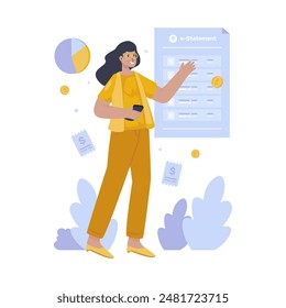 Electronic statement banking financial report, a girl with transaction document report, Vector illustration