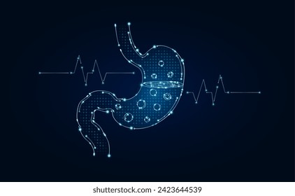 Electronic stomach and pulse wave glowing between connecting lines. Human organ microchip data circuit code. Medical science of technology futuristic digital innovative health care. Vector EPS10.