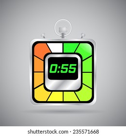 Electronic stopwatch icon. Realistic metallic timer. Fifty-five seconds. Kitchen clock. Flat design style. Made in vector illustration