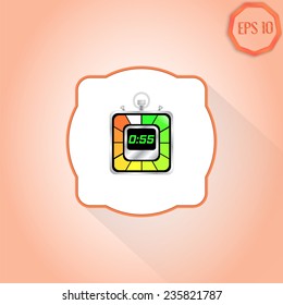 Electronic stopwatch icon. Realistic metallic timer. Fifty-five seconds. Kitchen clock. Flat design style. Made in vector illustration