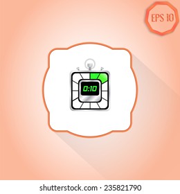 Electronic stopwatch icon. Realistic metallic timer. Ten seconds. Kitchen clock. Isolated object. Flat design style. Made in vector illustration