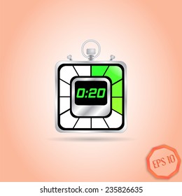Electronic stopwatch icon. Realistic metallic timer. Twenty seconds. Kitchen clock. Flat design style. Made in vector illustration