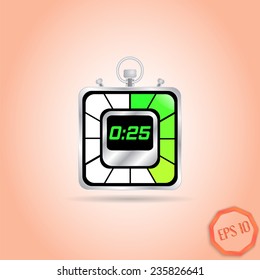 Electronic stopwatch icon. Realistic metallic timer. Twenty-five seconds. Kitchen clock. Flat design style. Made in vector illustration
