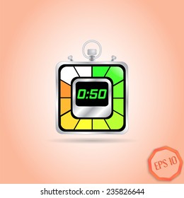 Electronic stopwatch icon. Realistic metallic timer. Fifty seconds. Kitchen clock. Flat design style. Made in vector illustration