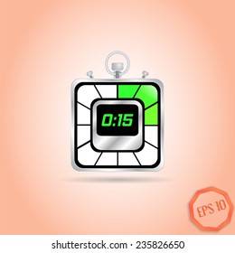 Electronic stopwatch icon. Realistic metallic timer. Fifteen seconds. Kitchen clock. Flat design style. Made in vector illustration