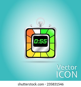 Electronic stopwatch icon. Realistic metallic timer. Fifty-five seconds. Kitchen clock. Flat design style. Made in vector illustration