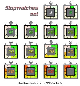 Electronic stopwatch icon set. Square timer. Kitchen clock. Flat design style. Made in vector illustration