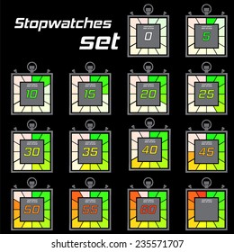 Electronic stopwatch icon set. Square timer. Kitchen clock. Flat design style. Made in vector illustration
