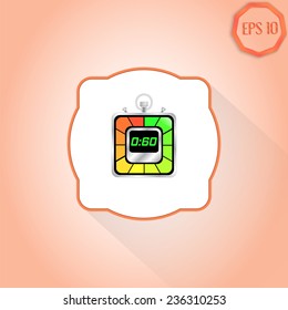 Electronic stopwatch icon. Square timer. Sixty seconds. Kitchen clock. Flat design style. Made in vector illustration