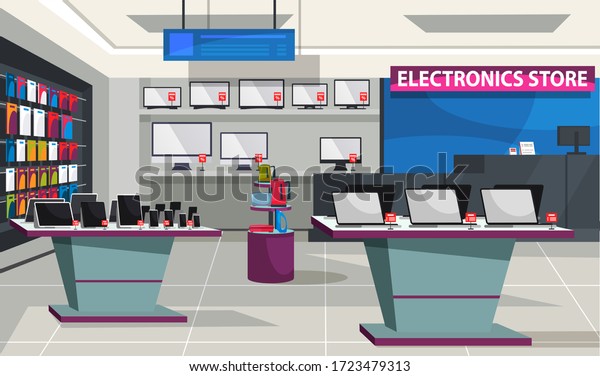 Electronic store interior design background.\
Appliances shop department, shelves gadgets assortment. Discounts\
sales of laptop, screens, computers or TV, tech products. Vector\
illustration