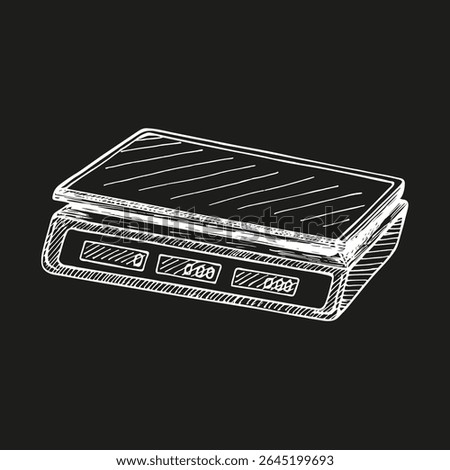 Electronic store scales, outline drawing in engraving style. Hand drawn vector clipart, sketch illustration. Store, market, shop concept