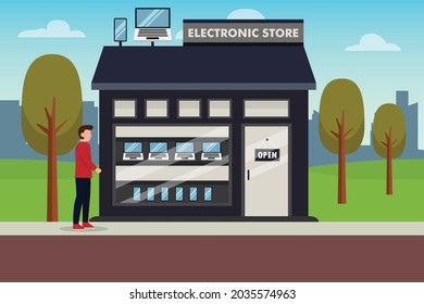 Electronic store vector concept: Young man walking to electronic store while looking at showroom