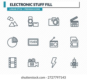 Conjunto de iconos de relleno de cosas electrónicas: foto de paisaje, cámara práctica, fotografía, tarjeta de memoria, colección de Vector de contorno de reflector.