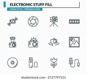 conjunto de ícones de preenchimento de material eletrônico - agitar câmera, abertura, suporte da câmera, imagem, coleção de vetor de contorno de cabo usb.