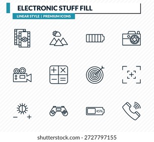 Elektronische Füllung Icons Set - Fotogramm, szenische, volle Batterie, Kamera-Bildschirm, Telefon Empfänger Kontur Vektorsammlung.