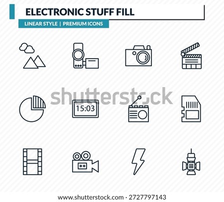 electronic stuff fill icons set - landscape photo, handy cam, photograph, memory card, reflector outline vector collection.