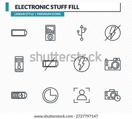 electronic stuff fill icons set - empty battery, portable music player, usb connection, digital camera, camera timer outline vector collection.