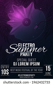 Electronic Summer Party Poster. Retro musical plate made of glowing abstract wavy shapes. Tropical background with palm tree. Night disco. Flyer for your event.Club and DJ name. Vector. EPS 10.