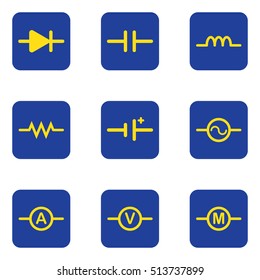 Electronic symbol diagram diode, capacitor, resistance, coil, power, voltmeter, ammeter, motor icon isolated vector