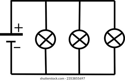 Electronic symbols. For learning basic electrical circuits. The parallel circuit consists of a source and three resistance. Schematic diagram.