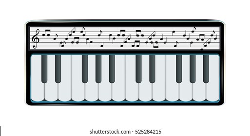 Electronic Synthesizer with Digital Display Displaying Musical Notes. Vector Illustration. EPS10