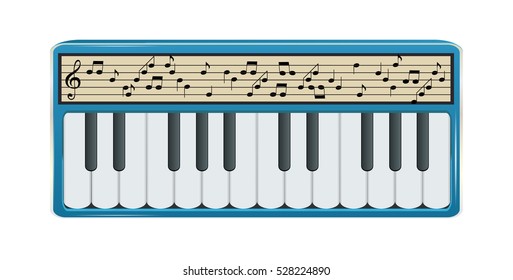 Electronic Synthesizer with Digital Display Displaying Musical Notes. Vector Illustration. EPS10