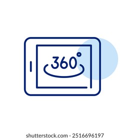 Electronic tablet with 360 degree symbol on it. Immersive digital experience, comprehensive virtual reality view. Pixel perfect, editable stroke icon