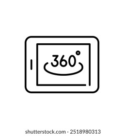 Electronic tablet with 360 degree symbol on it. Immersive digital experience, comprehensive virtual reality view. Pixel perfect vector icon