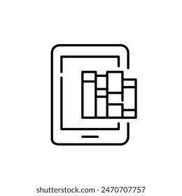 Electronic tablet with book shelf. E-reader with text files library. Pixel perfect, editable stroke vector icon