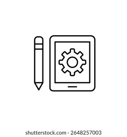 Electronic tablet, cogwheel and pencil. Interactive settings, user interface customization, on-demand configuration, clickable system controls, real-time preferences adjustment. Pixel perfect, editabl