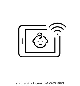 Electronic tablet, infant and wi-fi symbol. Baby monitor app. Pixel perfect vector icon