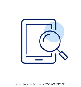Electronic tablet with magnifying glass. Searching content on digital device, zoom function and study resources. Pixel perfect, editable stroke icon