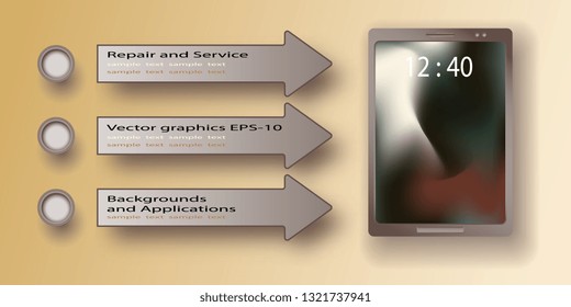 Electronic tablet. Mobile phone. Service electronic gadgets. Index arrows with text. Vector graphics