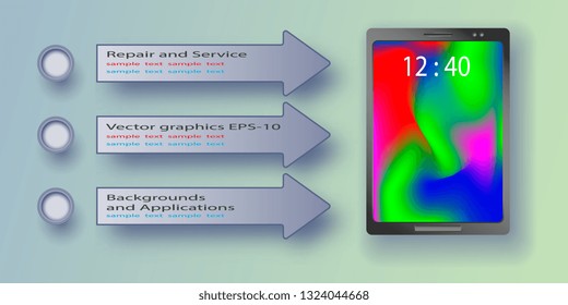 Electronic tablet. Mobile phone. Service electronic gadgets. Index arrows with text. Vector graphics