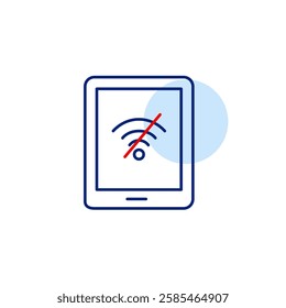 Electronic tablet and no wi-fi symbol. Offline mode, limited connectivity and disrupted workflow. Pixel perfect, editable stroke vector icon