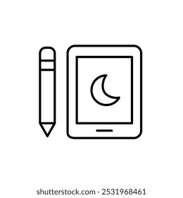 Elektronische Tablette und Bleistift mit Mondsymbol auf dem Bildschirm. Ruhiger Modus, dunkles Schema. Pixel perfekt, bearbeitbares Strichsymbol