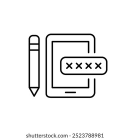 Electronic tablet with pencil and password input box. User verification to access digital content or apps on mobile devices. Pixel perfect, editable stroke icon