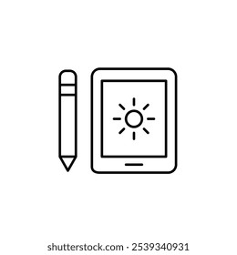 Electronic tablet with pencil and sun symbol on screen. Automatic brightness adjustment, enhanced visibility. Pixel perfect, editable stroke icon