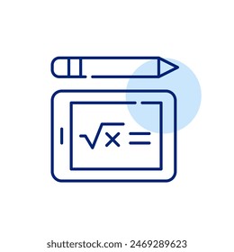 Electrónica tableta, lápiz con texto y expresión matemática. Asignaciones Electrónicas y materiales de aprendizaje en línea. Icono de Vector de trazo perfecto y editable