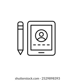 Electronic tablet and pencil with user account login on screen. Secure access from any location. Pixel perfect, editable stroke icon