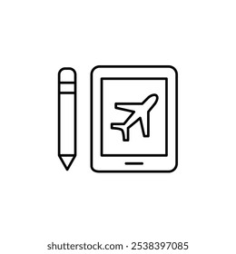 Tableta Electrónica con plano en pantalla y lápiz. Modo avión. Centro de viajes, acceso a dispositivos móviles. Icono de trazo perfecto y editable del píxel